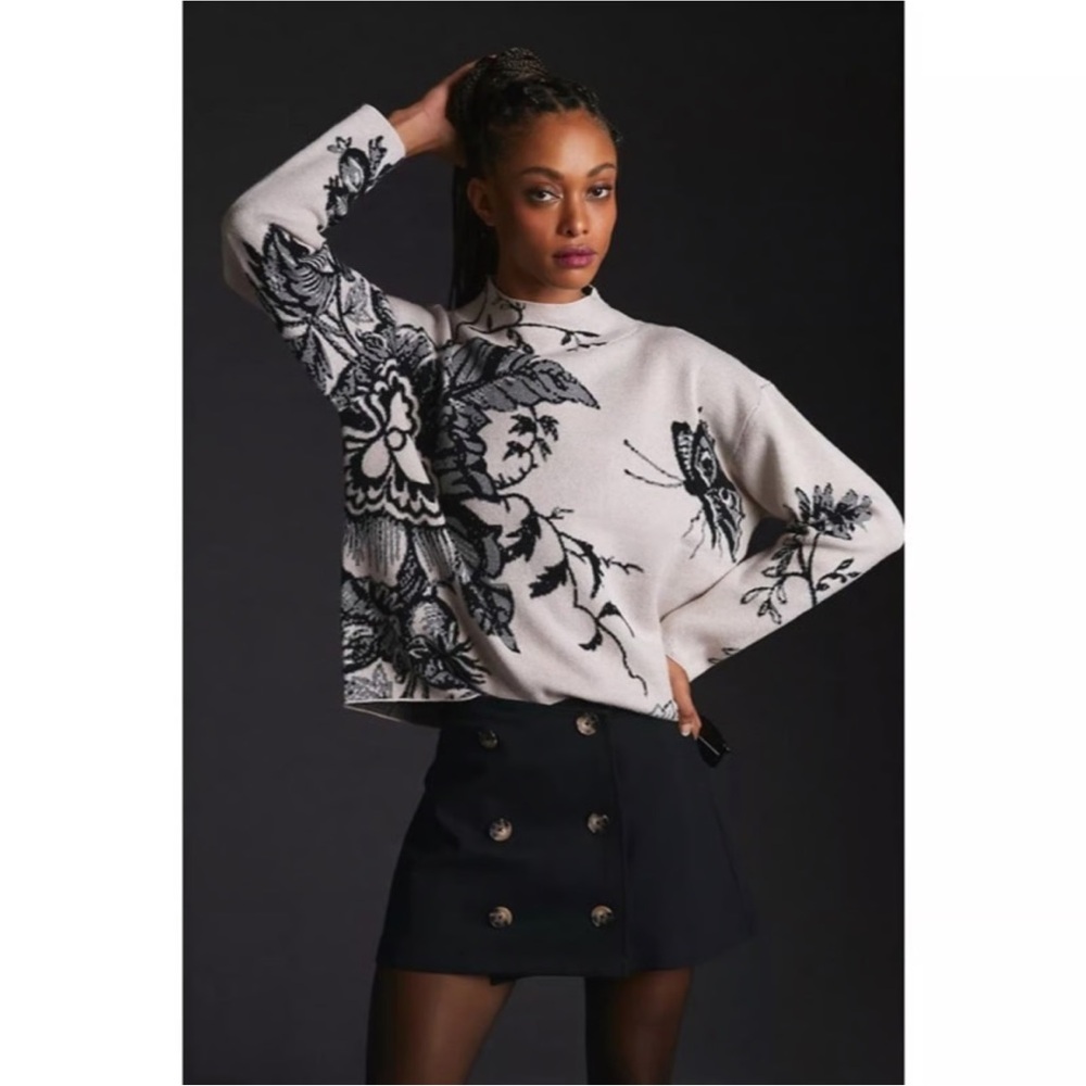 Anthropologie Black and Cream Floral Turtleneck Sweater